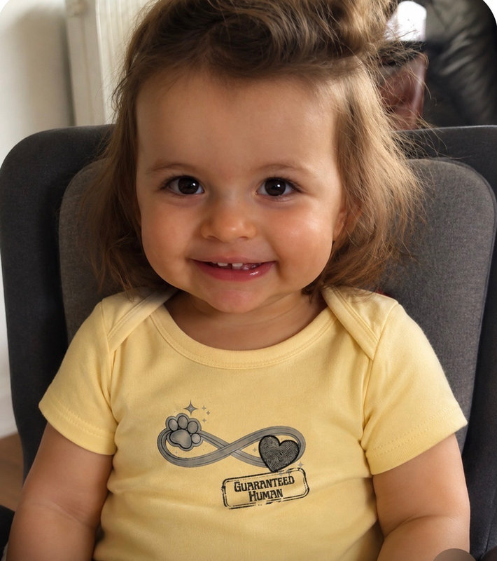 Emily, 18 months — Getting ready for dinner in her Furever Love onesie, color Butter, size 18M.
