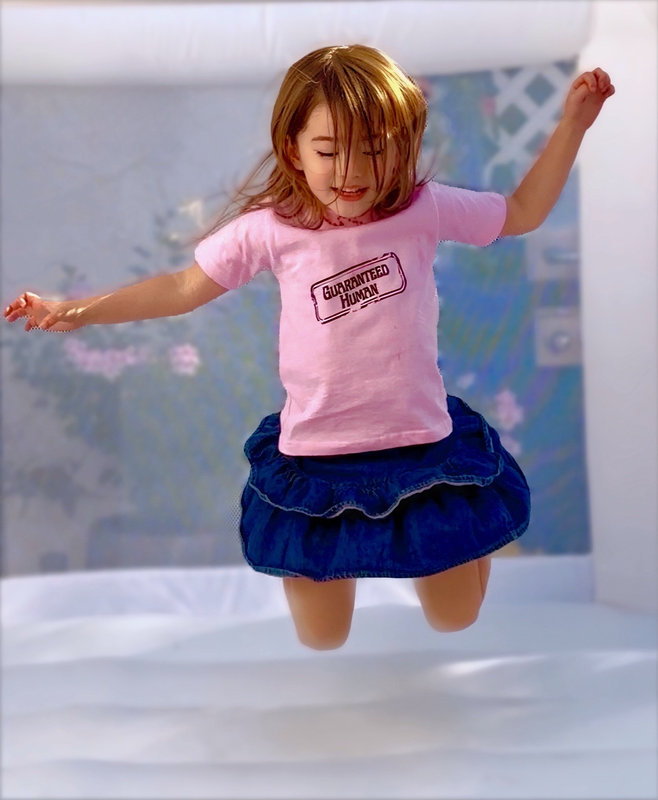 Una, 4, 3'4" — She jumps around in her Guaranteed Human™ Stamp kids t-shirt, size 3T.